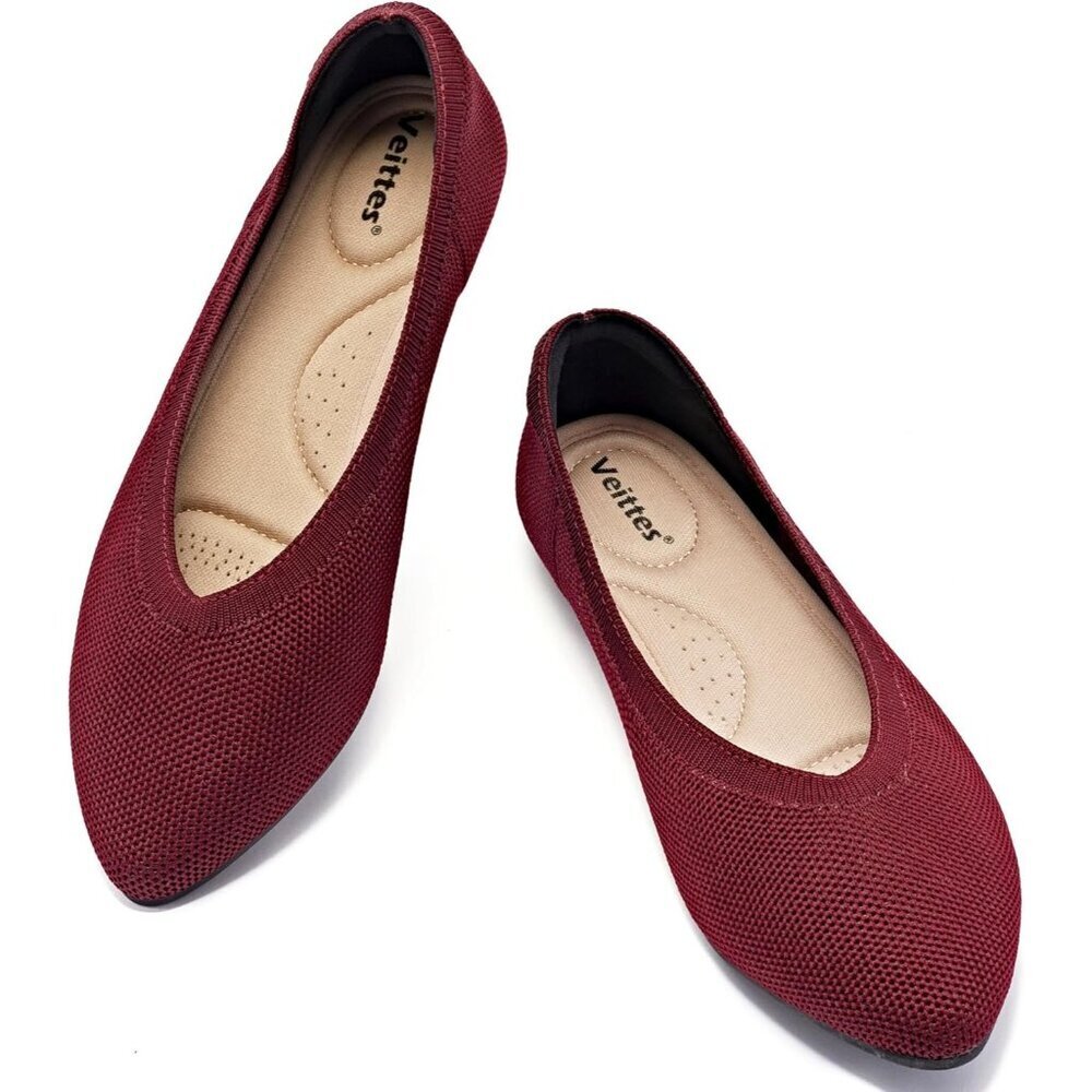 Women's Wine Red Wide Width Office Dressy Comfortable Pointed Toe Slip Flats - Picture 3 of 5